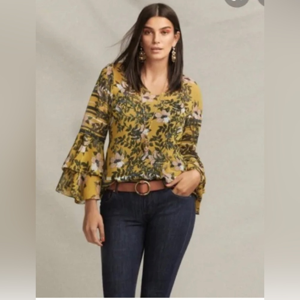 CABI Spring Yellow Floral Sheer Bell Sleeve Blouse 5518 Size Small